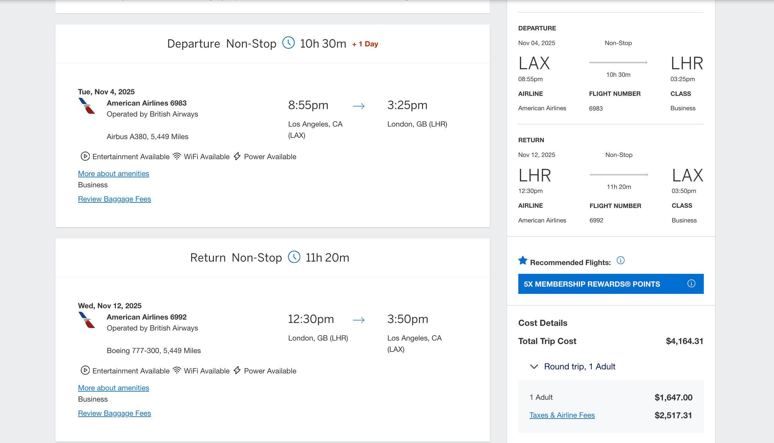 American Express Travel flight screenshot