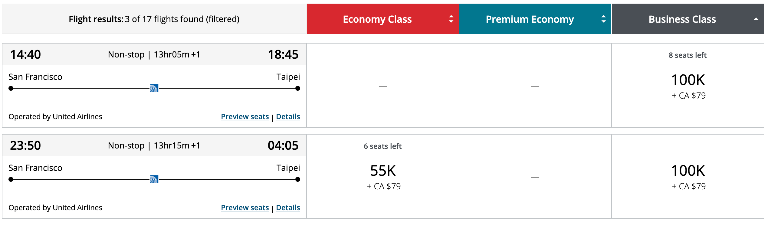 Aeroplan award ticket SFO to TPE
