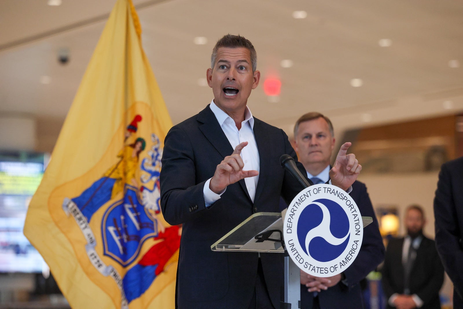 U.S. Secretary of Transportation Sean Duffy speaks at Newark Liberty International Airport