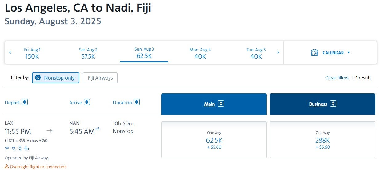 Fiji Airways award flights bookable through American Airlines at dynamic rates