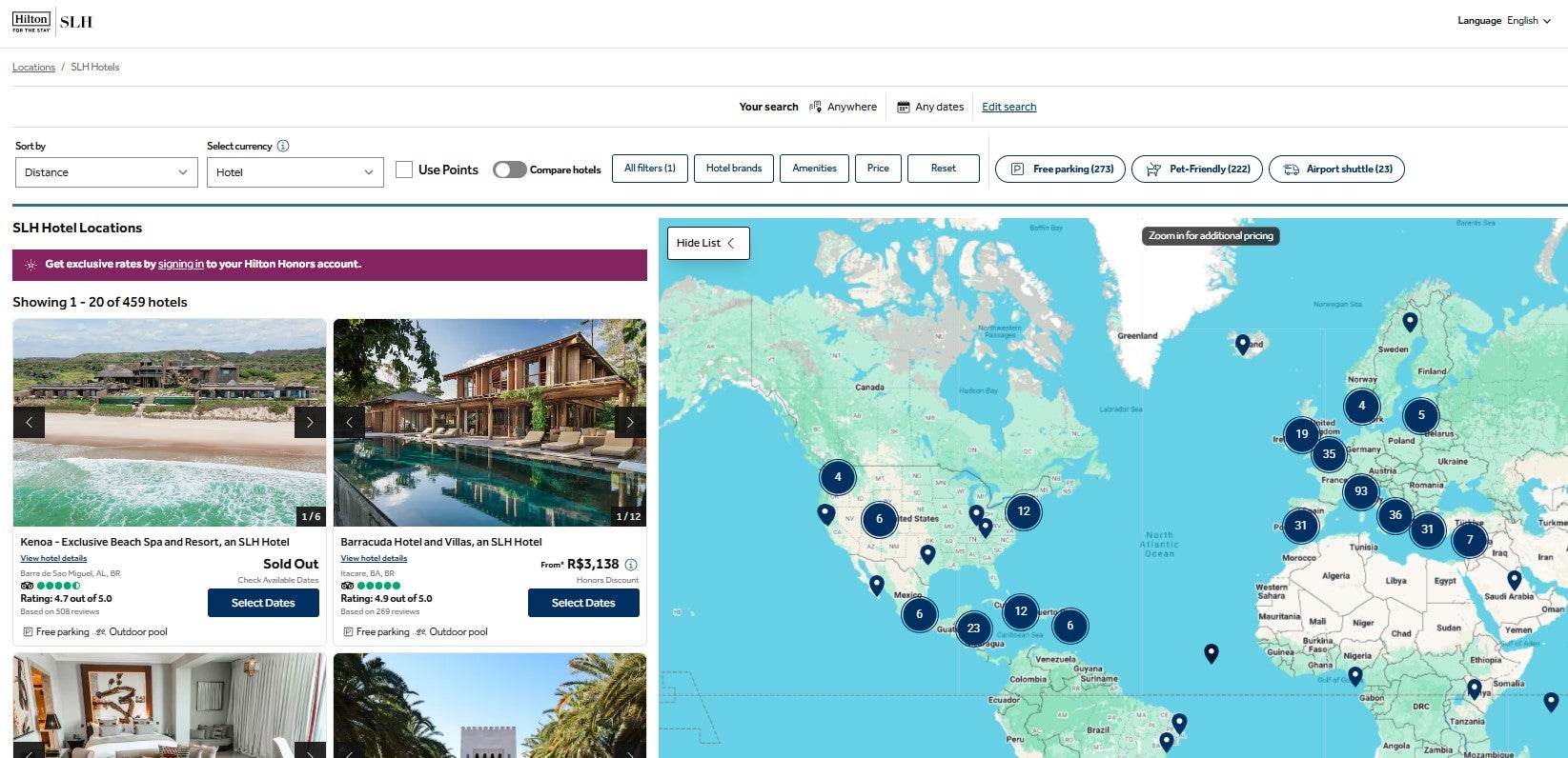 Map of SLH properties bookable through Hilton Honors