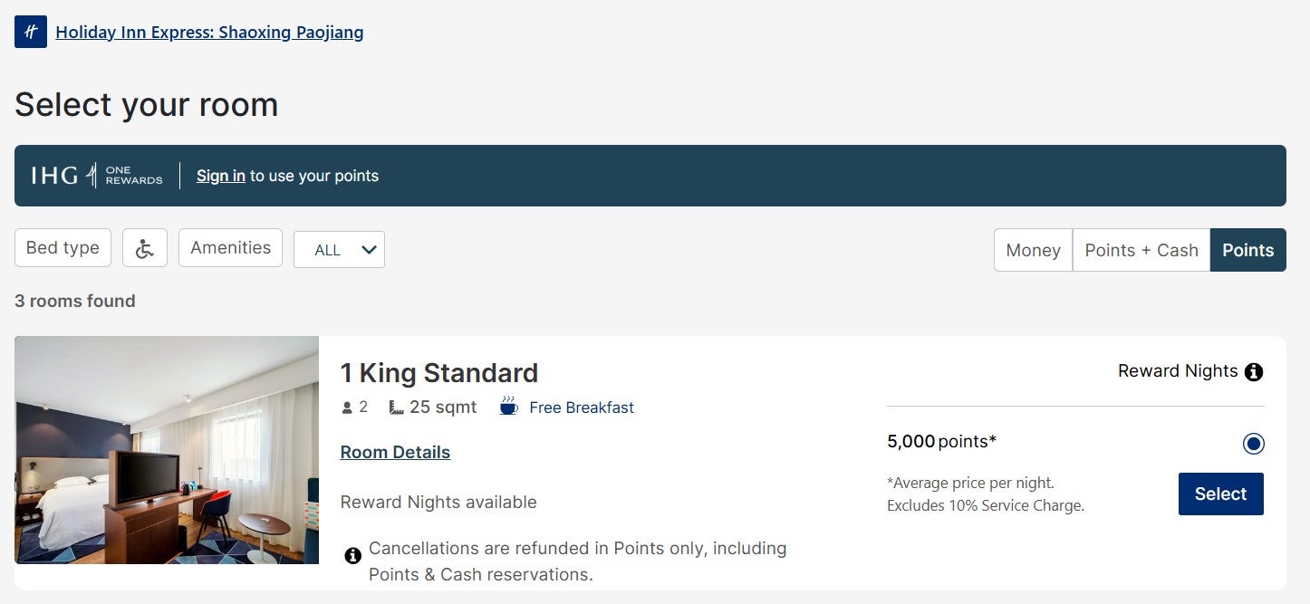 IHG award night example for 5,000 points per night