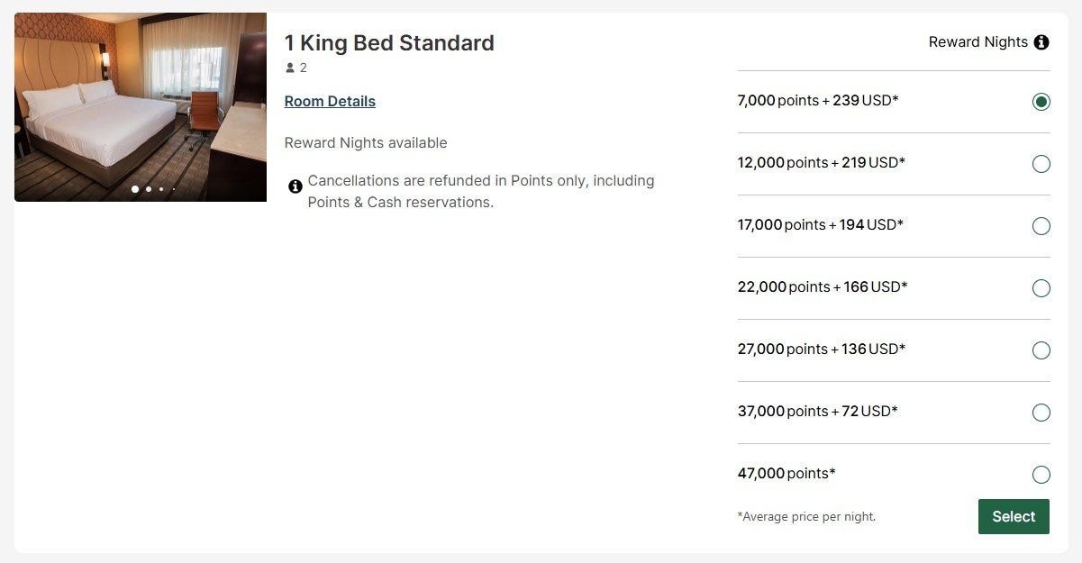 IHG points and cash rates for a one-night stay