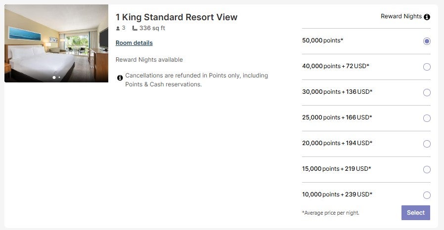 Different points cost based on room type for IHG award stay