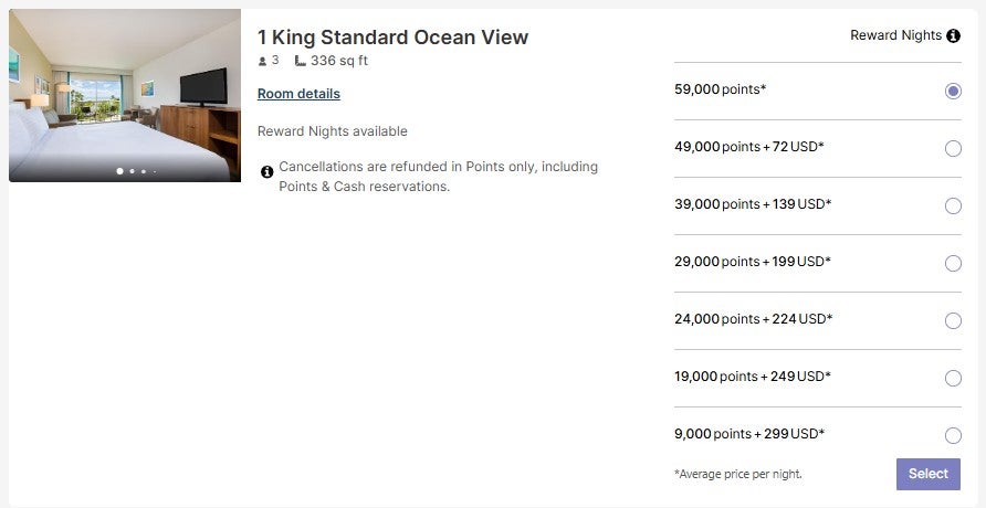 Different points cost based on room type for IHG award stay