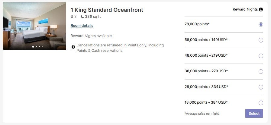 Different points cost based on room type for IHG award stay