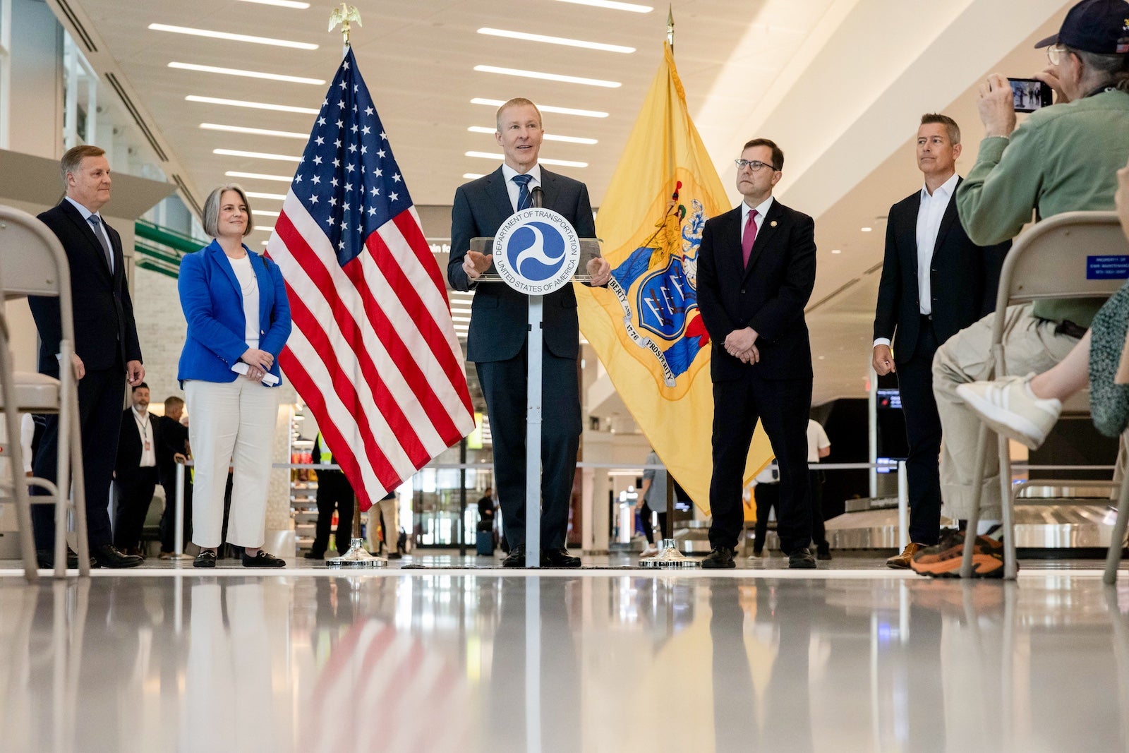 United Airlines CEO Scott Kirby speaks Monday at Newark Liberty International Airport 