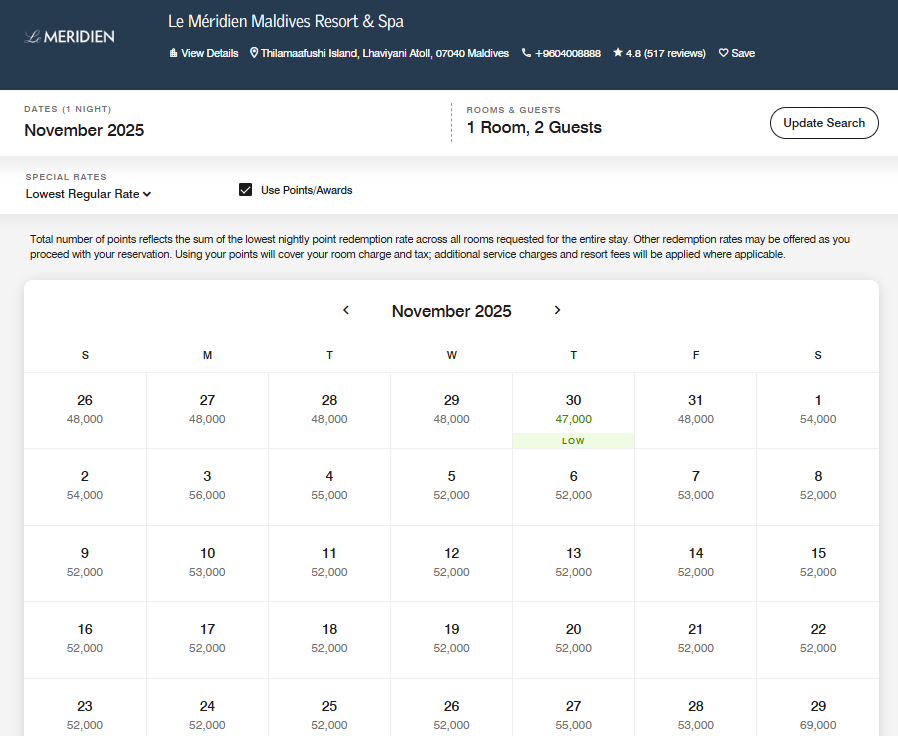 Le Meridian Maldives award availability screen shot