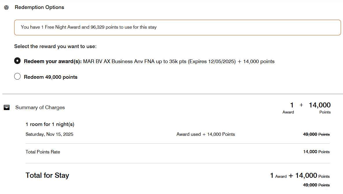 Using points to top off a Marriott free night award