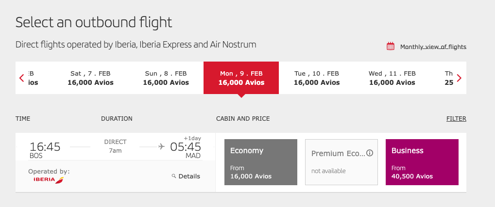 Iberia business class to Madrid points