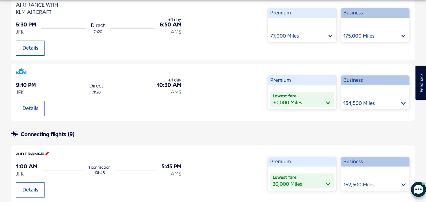 KLM Flying Blue premium econ to Amsterdam miles