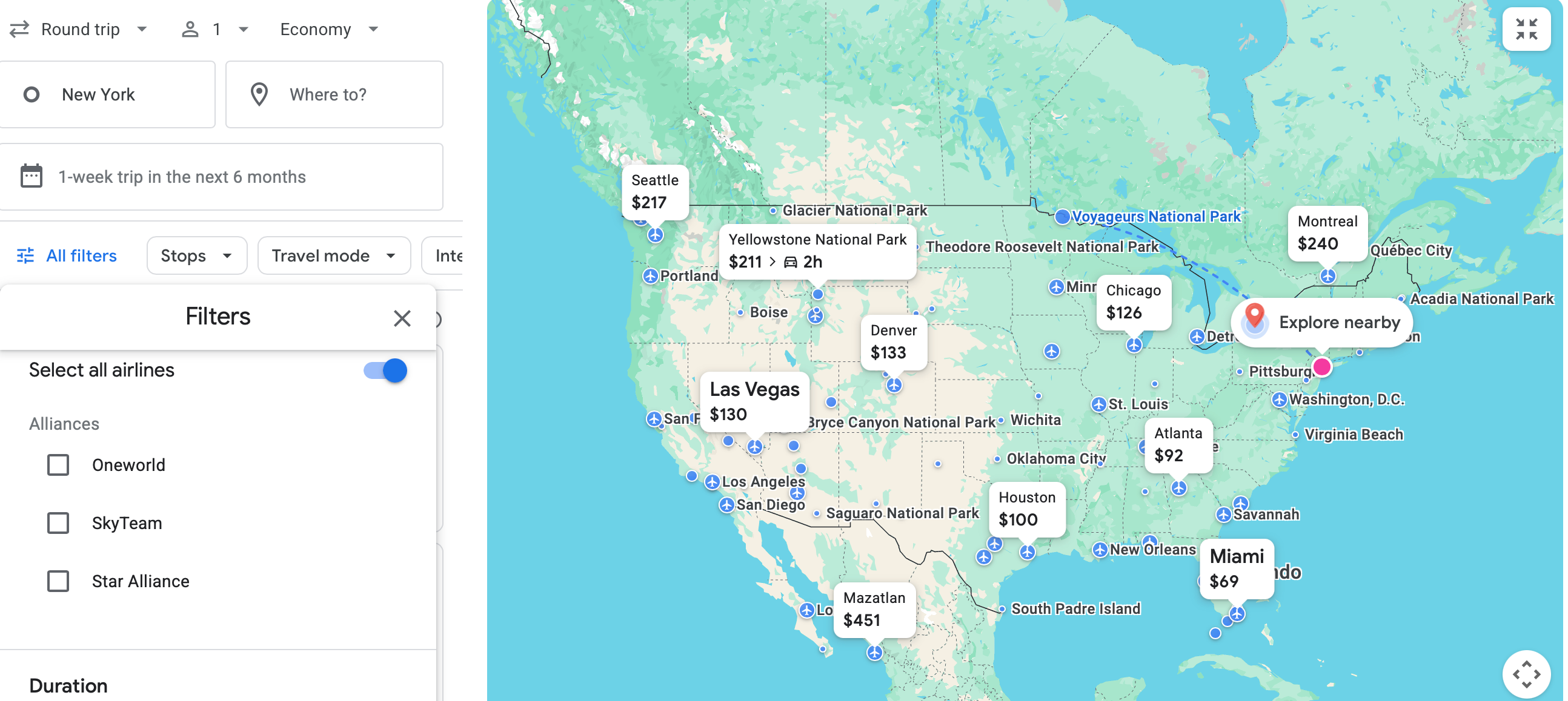 Google Flights Explore flight filters.