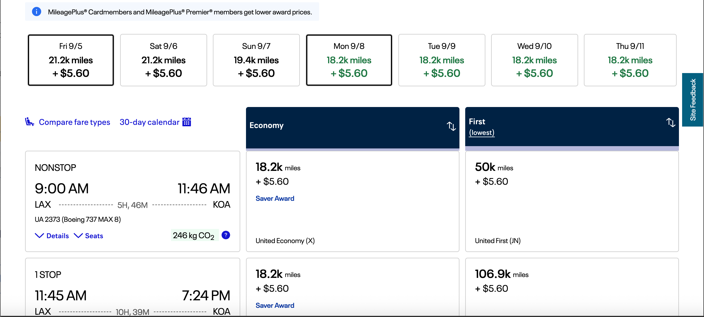 United Hawaii first class miles