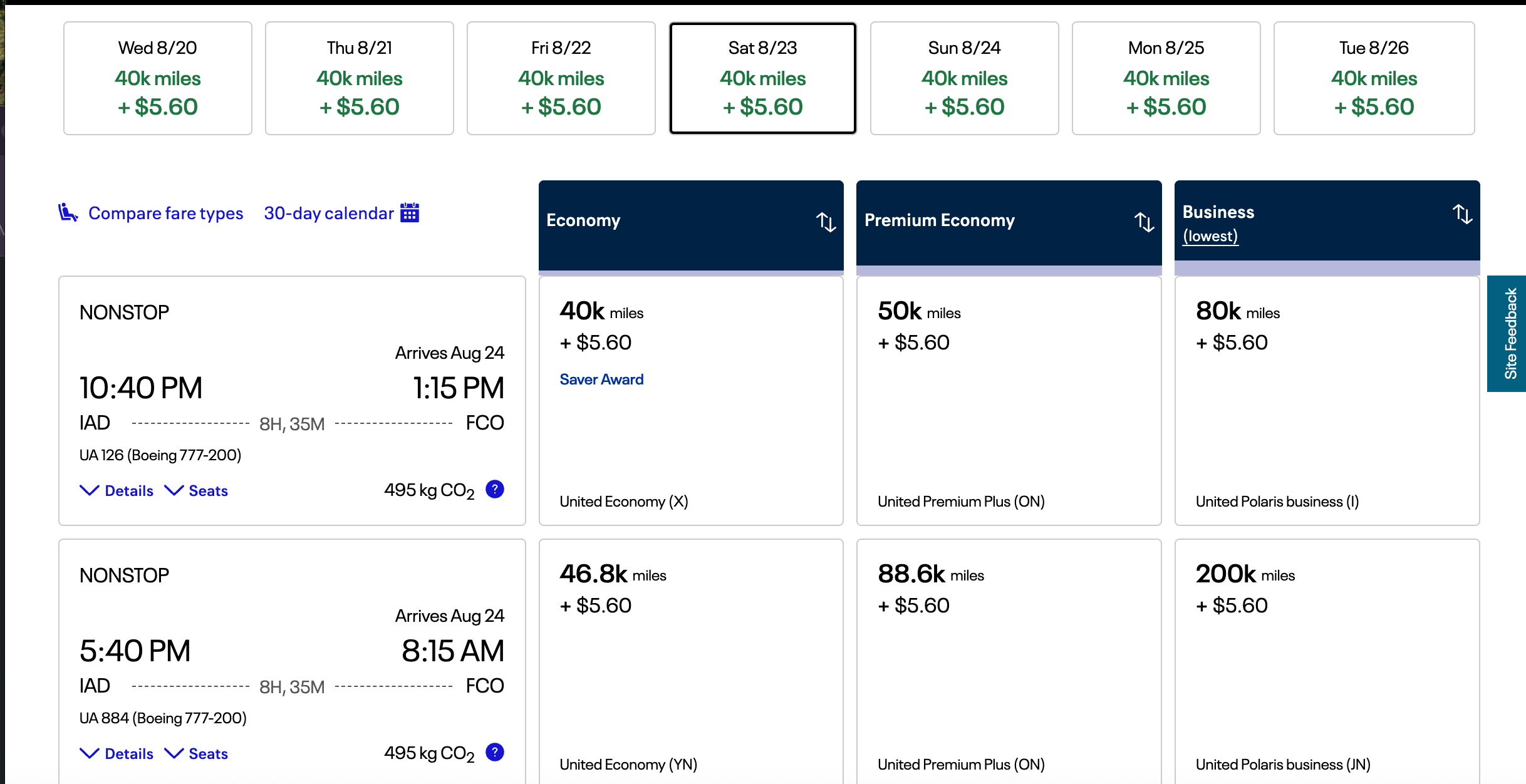 United Rome premium econ miles