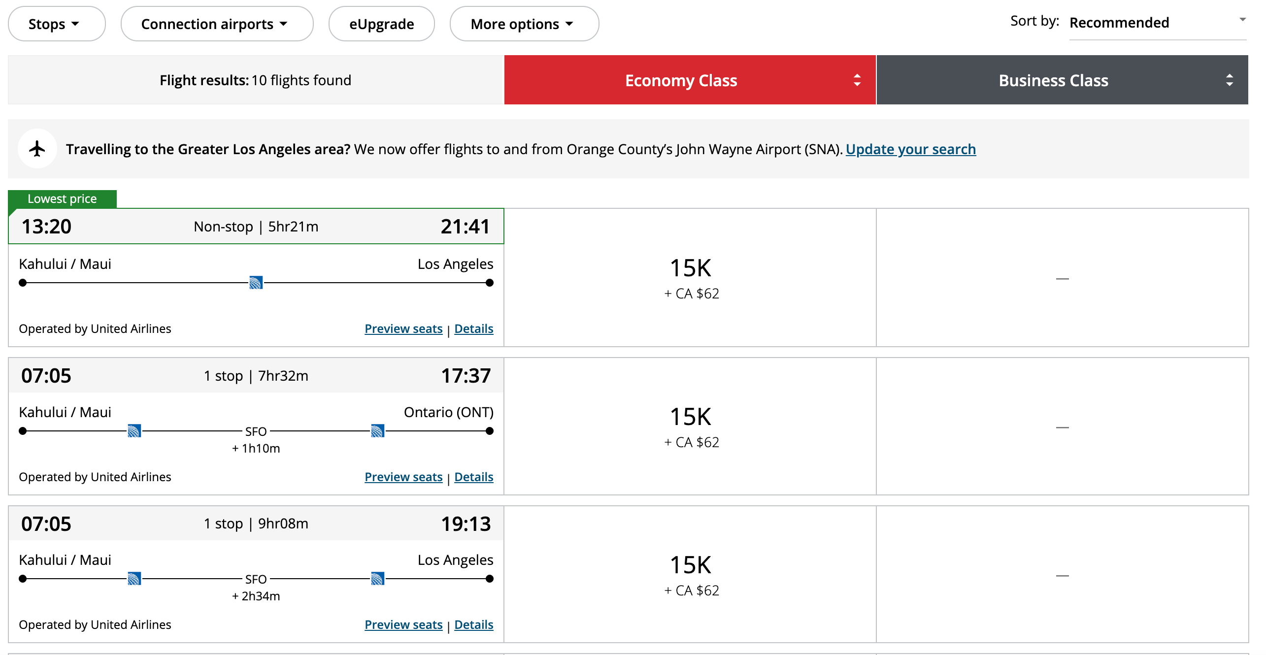 United economy to Maui via Aeroplan points